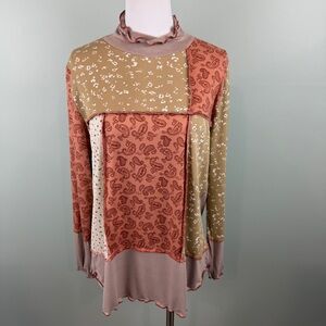 Sugarfox mixed media Henley Patchwork Long Sleeve Top boho cottagecore Large